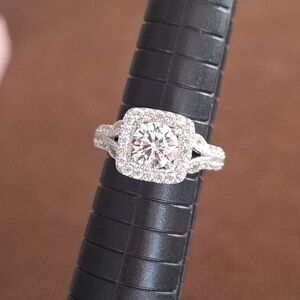 QVC Diamonique Cushion Halo Engagement Ring Sz 7 Platinum Clad Sterling Silver